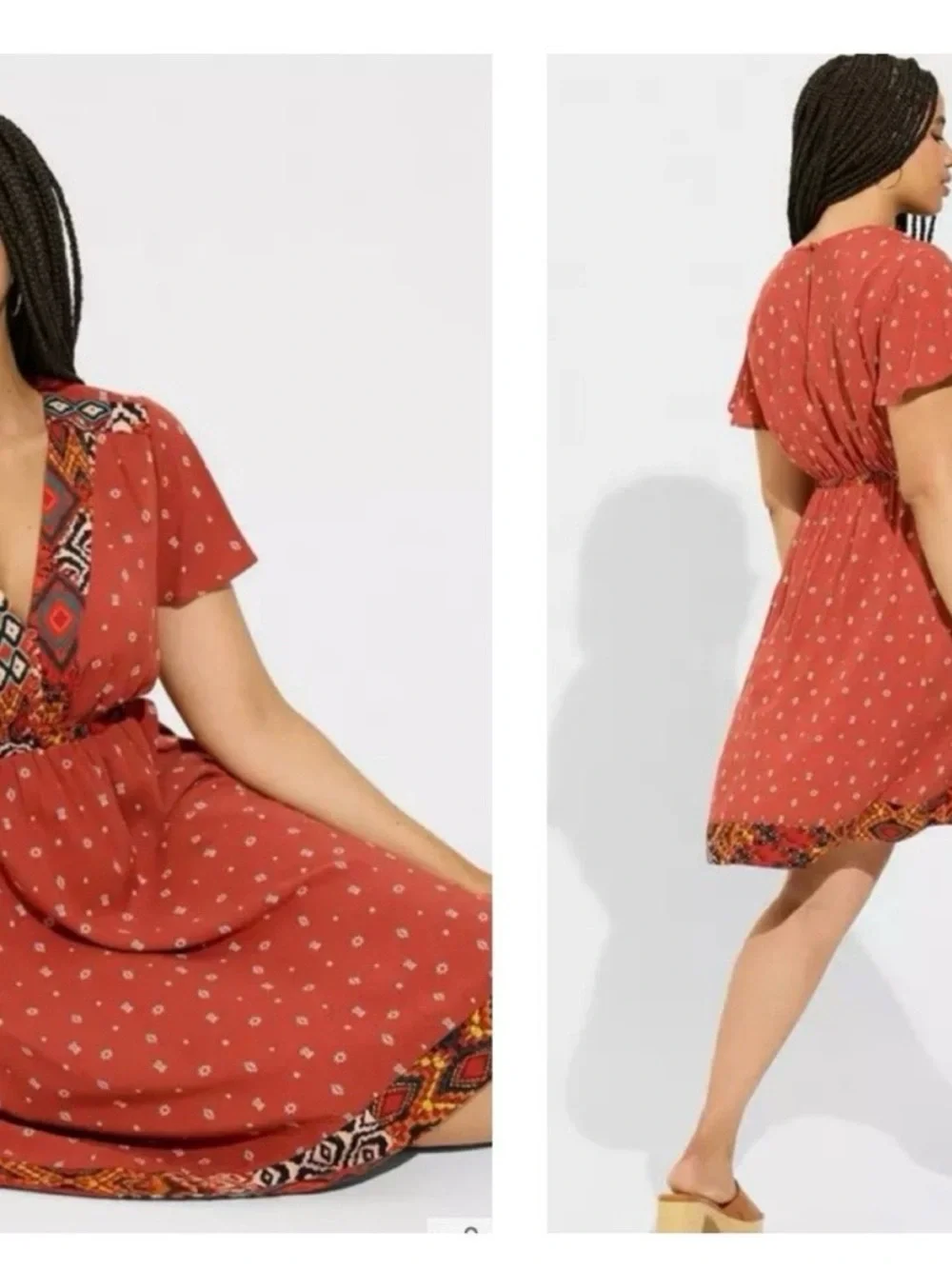 torrid Challis Border Skater Dress Red Abstract Trim V-Neck Mini Dress Size 4X - Picture 3 of 13